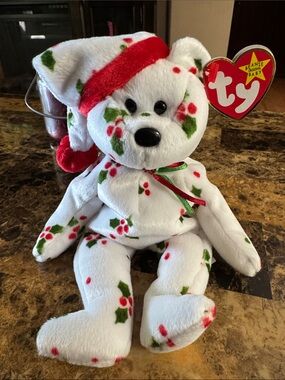 🎄1998 Ty Holiday Teddy Beanie Baby Bear Green Red Ribbon